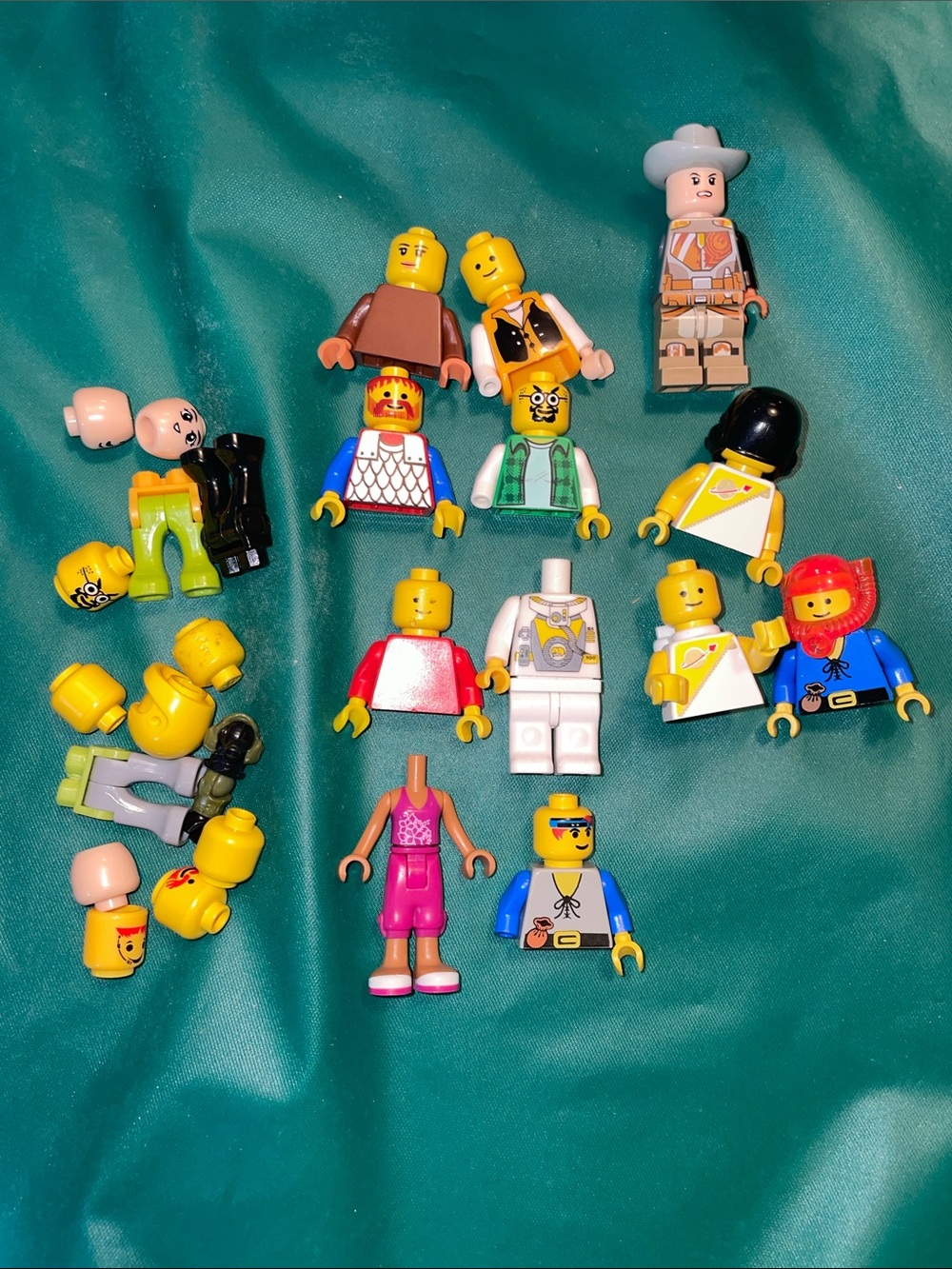 Lego Mixed Minifigure Parts in Yellow, Red, Blue, Black, White, Pink, Green